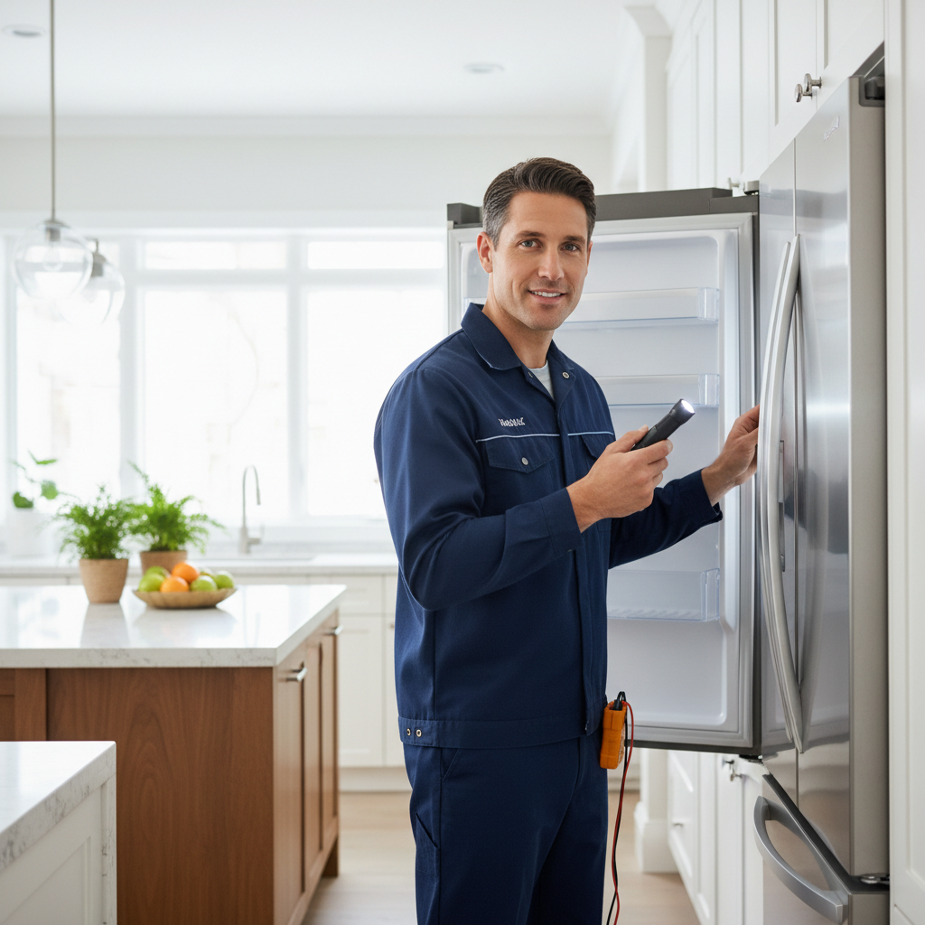 Professional appliance repair technician in a luxury kitchen